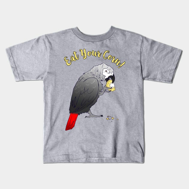 African Grey Parrot eating Corn Kids T-Shirt by Einstein Parrot